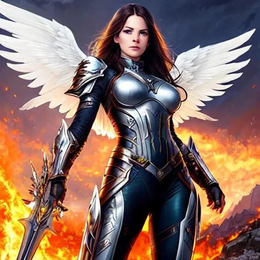 Prompt: Poster art, high-quality high-detail highly-detailed breathtaking hero ((by Aleksi Briclot and Stanley Artgerm Lau)) - ((Liv Tyler)) , Super hero pose, carbon fibre armour, post apocalyptic background, white angelic wings, full form, epic, 8k HD, fire, sharp focus, ultra realistic clarity. Detailed face, portrait, realistic, close to perfection 
