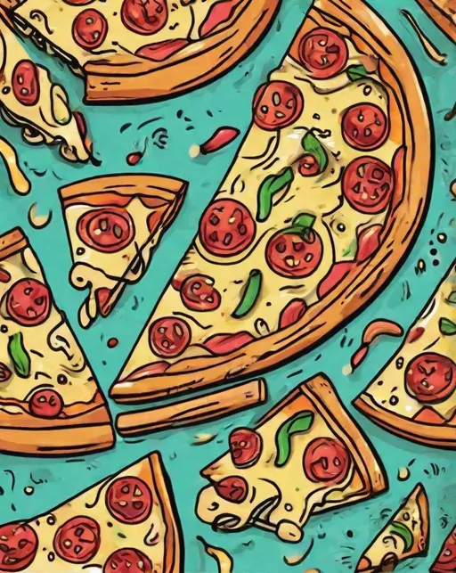 Prompt: A playful and whimsical doodle of a pizza. Use bright colors and bold lines to create a fun and lighthearted image. The pizza should be the focal point of the image, with its cheesy goodness and toppings galore