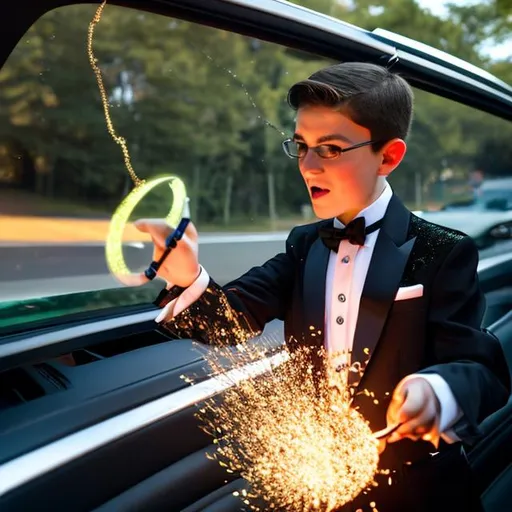 Prompt: 13 year old boy in a tuxedo casts a gold sparkle magic spell out of a car window from the inside of the car with his magic wand on the traffic light to make it turn green 