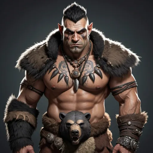 Prompt: Muscular Half-Orc Barbarian with black mohawk haircut and a huge bear tattoo on his right shoulder. Wears a bear-skin cloak and a bear-claw necklace. 