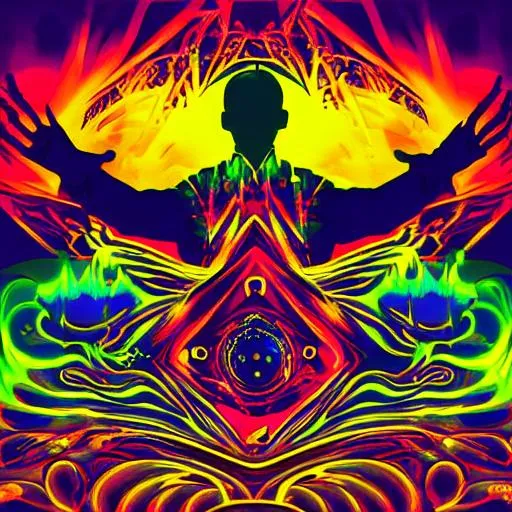 Prompt: psychedelic album cover for techno hardstyle music. include rave lights and the silhouette of a women