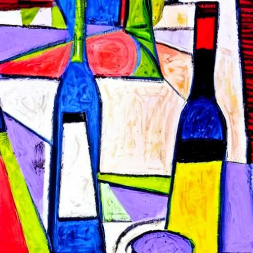 Prompt: A bottle of wine with a picnic table abstract art like Picasso with people in a park in the background 