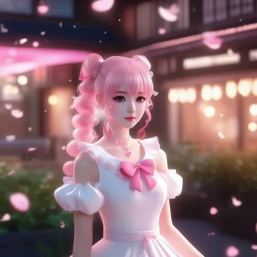 Prompt: 3d anime woman pink long curly pigtails hair and white dress and beautiful pretty art 4k full HD