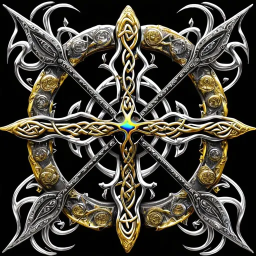 Prompt: beautiful freeform colorful chaos epic bold, 3D, HD, {one}({liquid metal {celtic}cross with {gold silver black}ink), expansive psychedelic background --s99500 