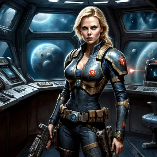 Prompt: warhammer 40k, beautiful face, face like charlize theron, eyes like alexandra daddario, high quality oil painting, attractive female psyker, holding a laser pistol, blonde hair, sanctioned psyker officer from imperium of man, grimdark, gritty, sanctioned psyker officer from imperium of man, standing in spaceship hallway next to window to space, planet and spaceships visible in window, dark black outfit, skin tight uniform, dangerous gleam in big expressive detailed eyes