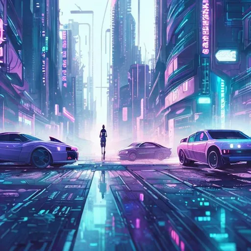 Prompt: Cyberpunk city with watercolor
Cyber cars and a cyber girl walking lonely
