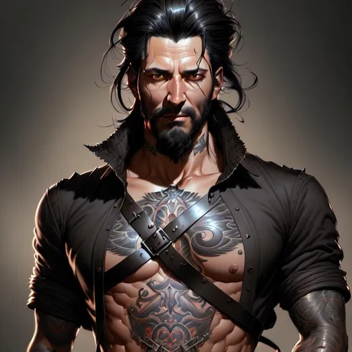 Prompt: Ultra Realistic drawing of a Man, black  hair, brown-grey eyes, high definition,artstation, hell background, 8k, high definition, by justin gerard and greg rutkowski, digital art, art station, full body, 8k Resolution, chest tattoo,