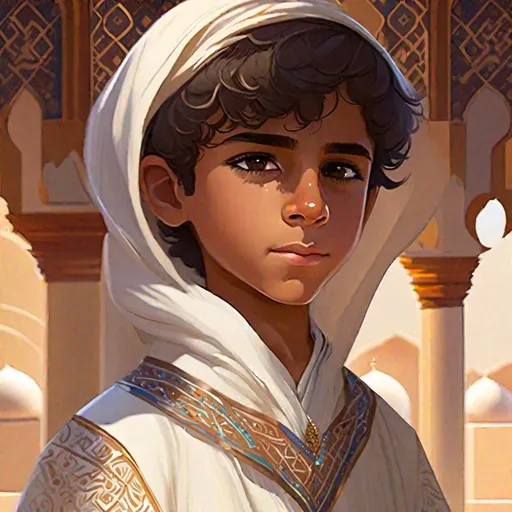 Prompt: A young arabian boy in white caftan. Cute. Well draw face. detailed. d&d art. 2d art. 2d.