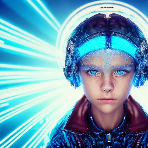 Prompt: intricate Art deco metal boy kid, sparkling blue eyes, blonde hair, metal, color, dimples, ornate, intricate, flowing, neon, led, fractals, hyper-detailed, 64K, UHD, HDR, unreal engine, vivid colors