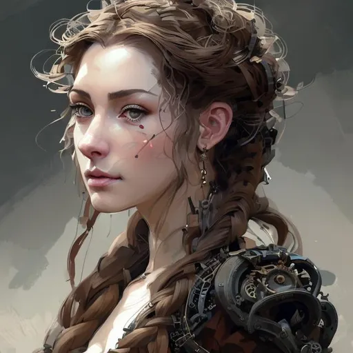 Prompt: Please paint a portrait of a beautiful young steampunk woman hair in a single braid over shoulder, looks like amanda sayfried . English garden backdrop. Concept art in the style of Yoji Shinkawa, close-up portrait, 4K symmetrical portrait, in-focus, trending in artstation, cgsociety, 8k post-processing highly detailed, Craig Mullins, Casey Baugh, wlop, Sharandula, Tom Bagshaw, Ross Tran, Artgerm, dramatic, moody lighting, characters 8K symmetrical, artstation, cinematic lighting, intricate details, 8k detail post processing, chiaroscuro --no dof --uplight:1.2), portrait, high detail, premium quality, digital painting, concept art, artistic, portrait