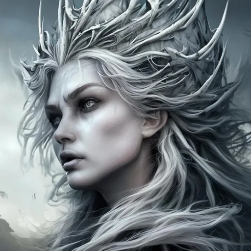 Prompt: Storm queen hyper beautiful realistic face features black and white hyper detailed hair and crown