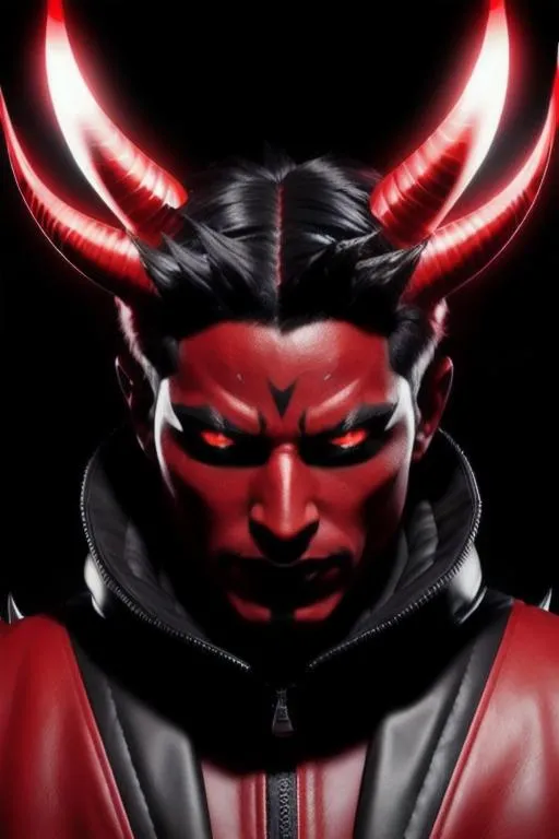 Prompt: Photorealistic Devil man, Red Skin and eyes, Black markings on his face, Black horns with red tips, Red and Black reinforced Leather Jacket, Intricately Detailed, Hyper Detailed, Hyper Realistic, Volumetric Lighting, Beautiful coloring and face detail