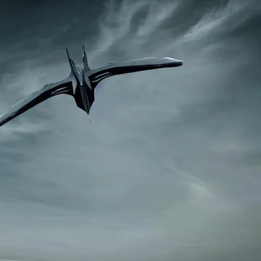 Prompt: Capture a dramatic shot of a sleek, futuristic aircraft soaring above the desolate wasteland of a post-apocalyptic Earth. The shot should have a sci-fi feel and feature muted, cool colors to complement the stark surroundings.