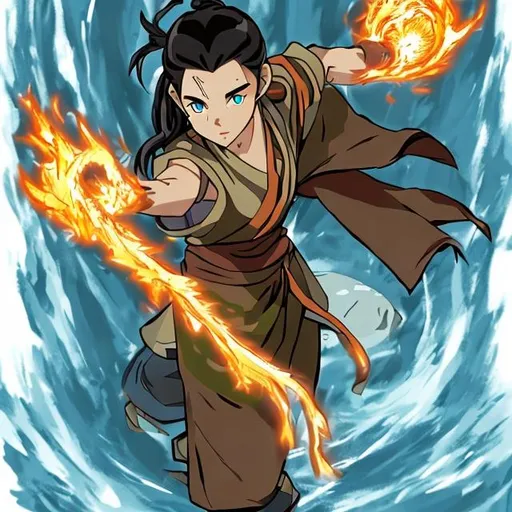 Prompt: Create an anime style waterbender from Avatar the last airbender battling with a firebender

