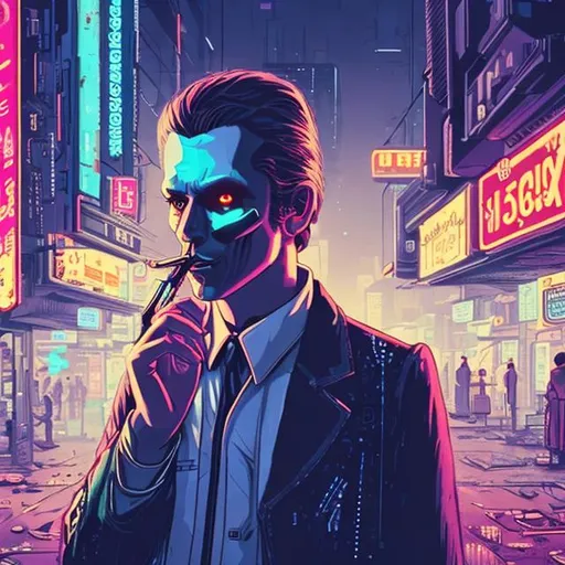Prompt: A 1970's fashioned Man smoking in a cyberpunk City at night coloured with cyberpung games colour palette
