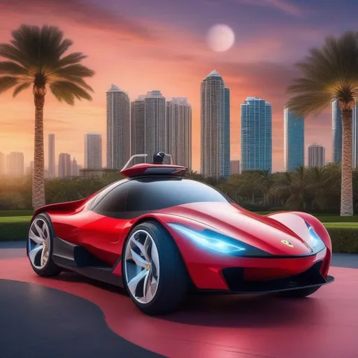 Prompt: A hovercar that looks like a Ferrari with single pair of wheels, parked outside, Space Miami Background, Planets visible in the background, Palm Trees,