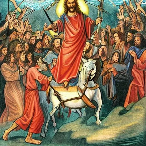 Prompt: Jesus Christ as depicted in the book of  revaltion coming out of heaven gathering his chosen to ride against the enemy Satan 