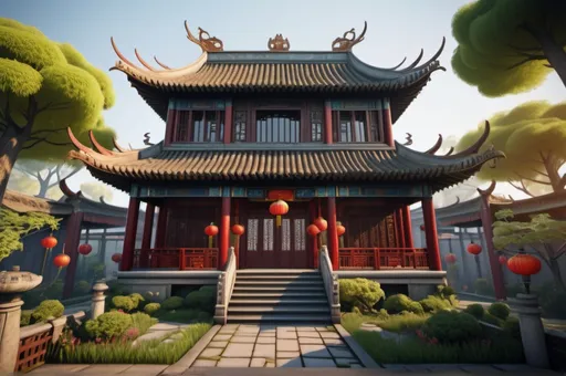 Prompt: chinese house with garden, entire structure, midtown, immersive world-building, high quality, detailed, epic scale, fantasy, game style, cinematic lighting,