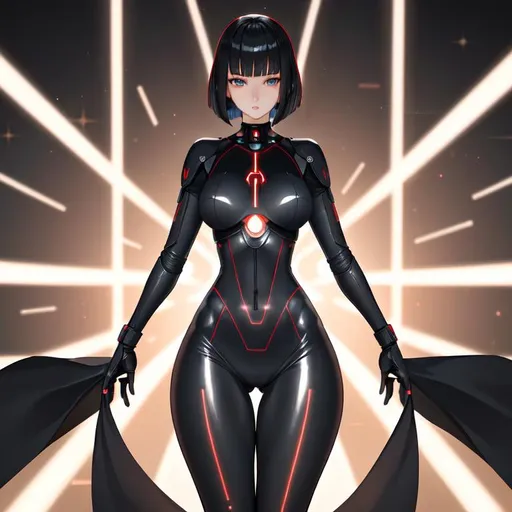 Prompt: a lonely AI girl, very tall, thick thighs, wide hips, long legs, slender waist, big beautiful symmetrical eyes, aloof expression, bob haircut with bangs, (as a Sith Lord in "Star Wars"), 12K resolution, hyper quality, hyper-detailed, depth of field