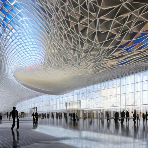 Prompt: interior design of airport entrance dinamic style, norman foster, minimalism, waves, energy colours theme, hyper realistic, high octane render unreal engine, neural architecture, 4k, ultra hd render, ethereal, people, 