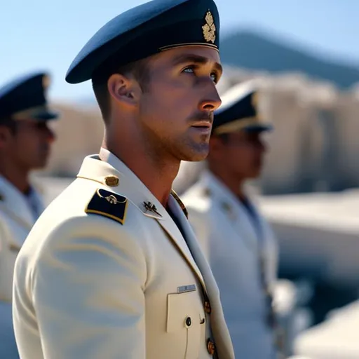 Prompt: Ryan Gosling as a Greek navy soldier