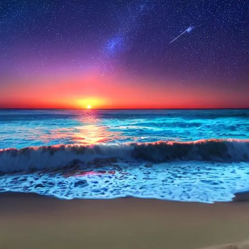 Prompt: sunset, night stars ocean
