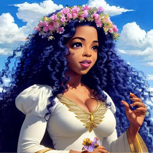 Prompt: young Oprah Winfrey as a fairy goddess,  long curly hair, Blue sky background, closeup,surrounded by flowers
