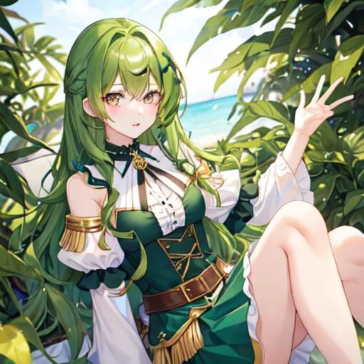 Prompt: victoria (green curly hair, she has brown eyes and pale skin)