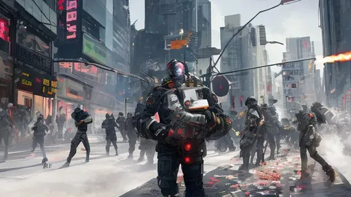 Prompt: Cyberpunk mechs, Riots in the streets, corporate corruption, cities burning, and a single flower in the chaos, tear gas, gas masks, pills, cash money