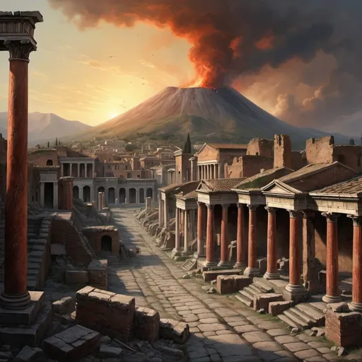 Prompt: (a dramatic depiction of) the city of Pompeii, destroyed by a volcanic eruption, 1st century, Roman Empire, ancient architecture, ash-covered ruins, haunting atmosphere, eerie lighting, shadows casting over debris, historical significance, vivid colors of destruction, high depth detail, cinematic scene, ultra-detailed, evokes a sense of tragedy and loss, an evocative glimpse into antiquity. Oil painting style. 