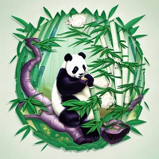 Prompt: The image should feature a 3d paper-cut, paper folding style with a green and white color scheme. It should include a plum blossom pattern, a giant panda, bamboo, and elements of landscape painting. Art by Daniel Merriam, Erin Hanson, eddie mendoza and Jennifer lommers.