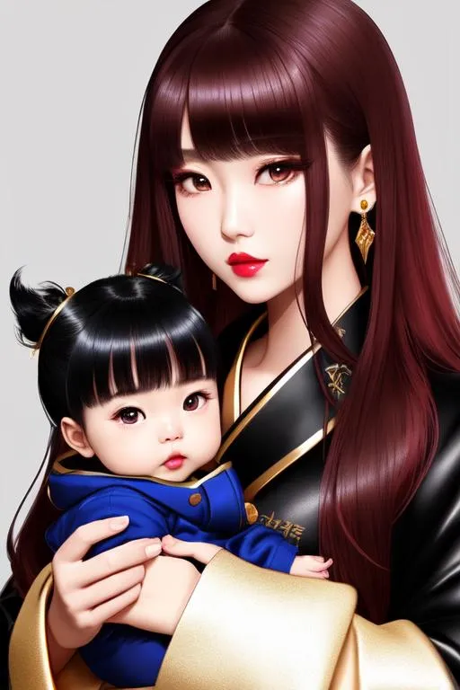 Prompt: beautiful Korean girl, Age=22, wearing only a gold black coat, blue long hairs in, dreamy and ethereal, rough Mafia Boss with the gang members in  the background, fantasy, tough, rugged, rough, hardcore, ((holding a cute black baby girl,)) with bright red gloss lips, rosy cheeks, red lips, auburn brown hair,  soft skin, soft lighting, nice eyes, perfect body, coloured hair, symmetrical, full body, hyperrealistic, super careful, tulip warrior, in your hand, highly detailed, digital
