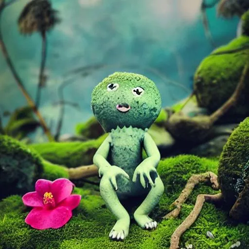 Prompt: cute claymation creatures made of stone or moss, landscape of strange planet with giant tropical flowers twisting trees, bokeh, cinematic lighting, soft pastel colors, pop surrealism, vintage photograph