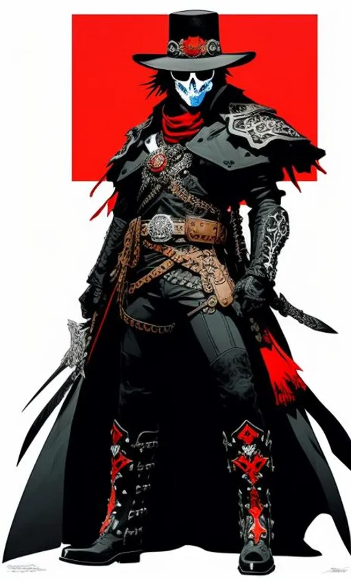 Prompt: Necromancer of the Wild West concept art portrait illustration by Yoji Shinkawa, heavy line art, highly detailed cell shaded digital painting of a evil Cowboy Warlock with prominently featuring his single glowing red right eye,

He is wearing a black Stetson hat with horns decorating the band, a large skull epaulet on his left shoulder and a skull belt buckle, skulls and spikes decorate his black and purple duster, he stands confidentially and menacingly with a silver and gold revolver in his right hand, he has metallic armor over leather cowboy boots, he has armored gauntlets,

Artstation, sharp focus, illustration, art by Victor Mosquera, 8k, clean, straight lines, smooth lines, visible line work, high clarity, high contrast, high fidelity, depth of field, Wild West Theme, defined edges