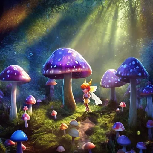 Prompt: A fairy in the midle of a magic forest surronded by gnomes uner a magic mushroom drops of rain and a light ray on sunshine going across the landscape