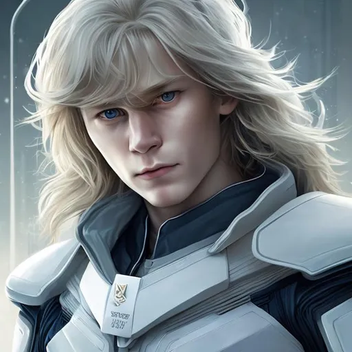 Prompt: attractive twenty-five-year-old Nordic male, long golden hair, gray eyes, cold expression, simple tight white uniform, futuristic spaceship bridge, portrait realistic details photorealistic