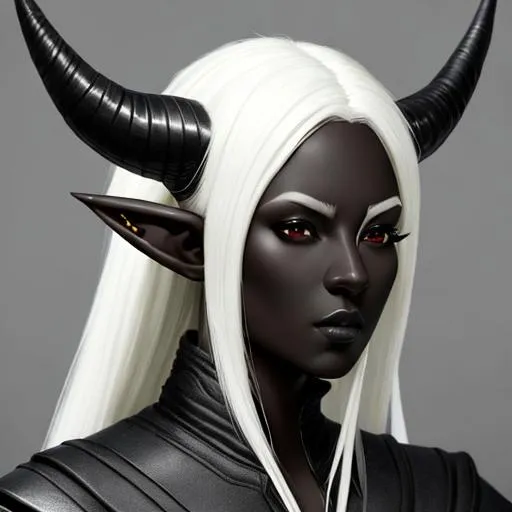 Prompt: Female elf with dark skin wearing black leather, angular face, calm, red eyes, perfect eyes, dark skin, white hair, white eyebrows, horns, perfect composition, hyperrealistic, super detailed, 8k, high quality, trending art, trending on artstation, sharp focus, studio photo, intricate details, highly detailed, by greg rutkowski
