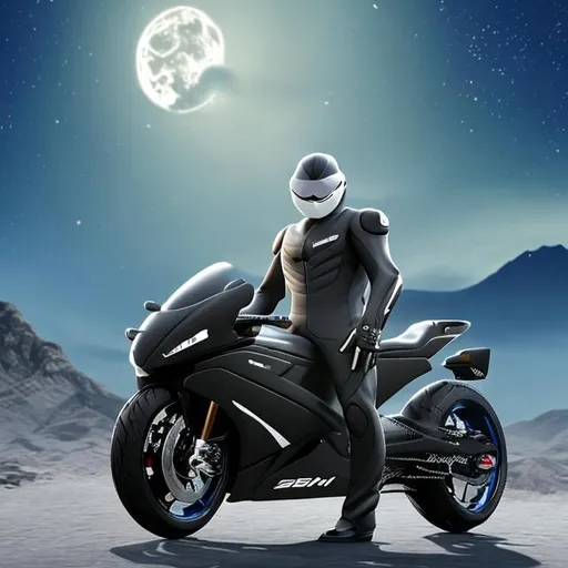 Prompt: A men in black suit with super bike on moon