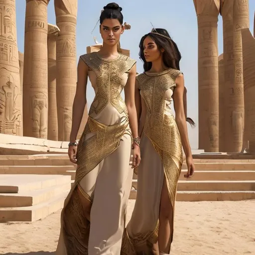 Prompt: Arose pharaonic women's dress with golden pharaonic drawings inspired by modern elegance