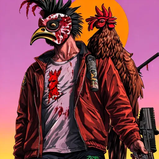 Prompt: a man wearing rooster mask and school jacket, carrying lots of guns, covered in blood, gore, guts, vice city, vice, neon lights, sunset