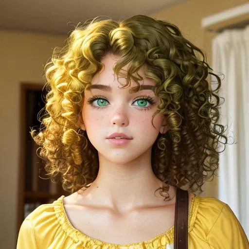 Prompt: A girl curly hair ,green eyes,wearing yellow