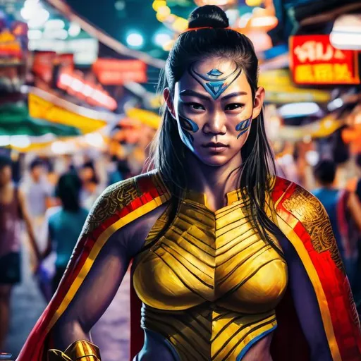 Prompt:  oil painting of one hybrid superhero character, attractive female traditional Muay Tai fighter , wearing traditional muay thai headband,  in realistic background of bangkok night market,  vibrant colors, calm facial expression, detailed armor and cape, 4K, detailed facial expression, superhero, vibrant colors, atrractive gaze, advertisement-worthy, realistic, detailed illustration, professional, vibrant lighting
