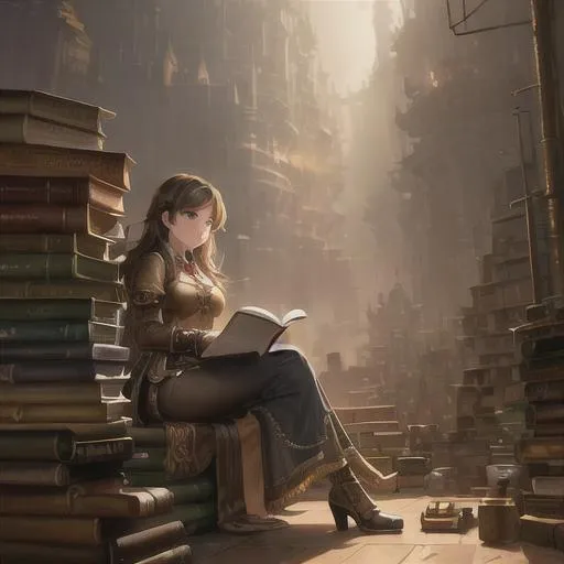 Prompt: 1girl,Professional painting of a cute steampunk girl in bronze dress sitting on pile of books, golden television to another world, by Jeremy Mann, Rutkowski, and other Artstation illustrators, intricate details, face, full body portrait, illustration, UHD, 4K
