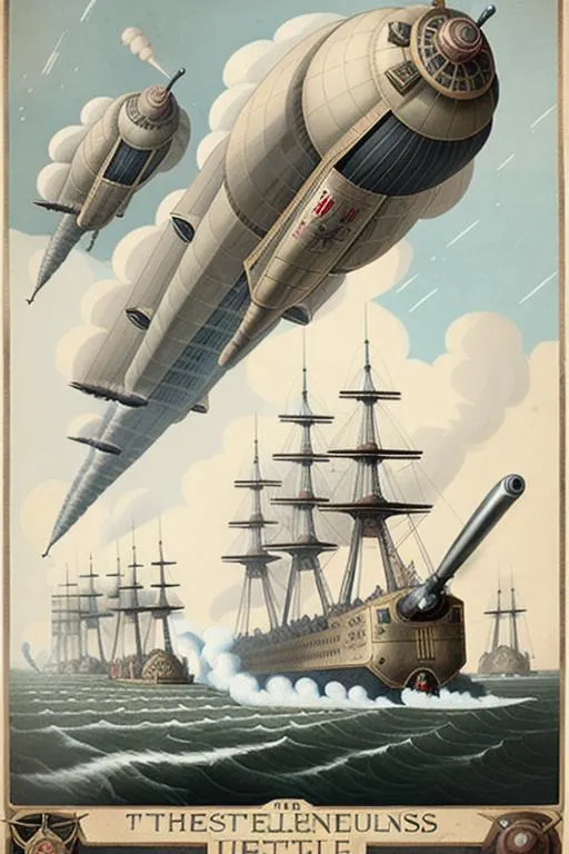 Prompt: 18th century portrait poster , illustration, showing  massive  steampunk battle, with zeppelins, tanks, ships,  hand tinted, asymmetric, hanging on a blank wall, faded, torn