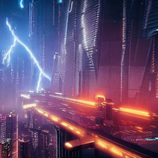 Prompt: tron legacy cyberpunk 2077 zeppelin flying over blade runner city during lightning storm  