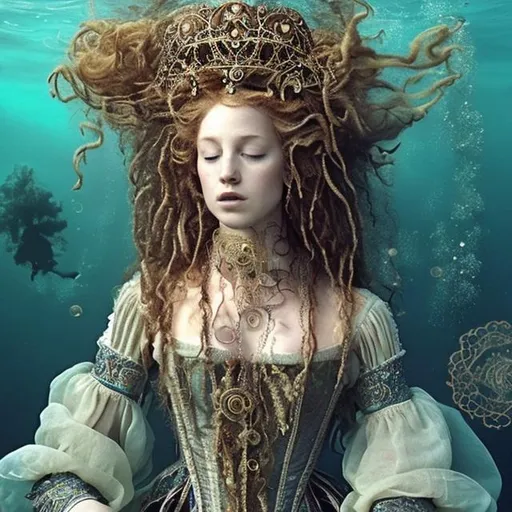 Prompt: woman in 16th century dress underwater sleeping.  hair, elaborate hair, fabric, lace, bubbles. crown, jewels, queen.
