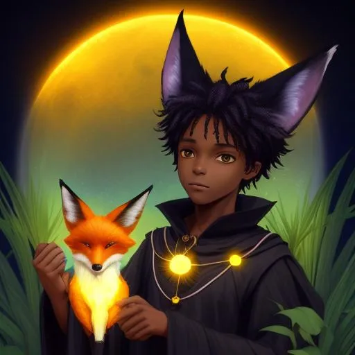 Prompt: black boy witch with fox ears solarpunk 
