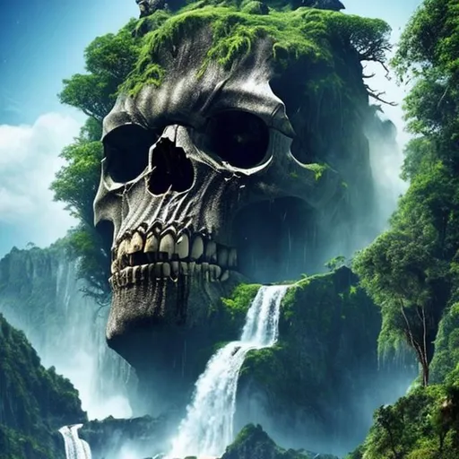 Prompt: Realistic skull Island with waterfall from his mouth, and many trees and Big machrooms in the top of the skull. Skull. Island. Waterfall. Trees. Machrooms.