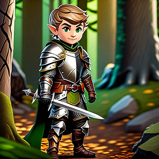 Prompt:  Chibi, Full body view, short skinny male half-elf with very light brown short hair, gray-green eyes, rogue in knight armor, with a one-handed sword, 20 years old, Baldur's gate 3, Dungeons and Dragons, in woods,  perfect composition, hyperrealistic, super detailed, 8k, high quality, sharp focus, studio photo, intricate details, fade filter, highly detailed, by greg rutkowski