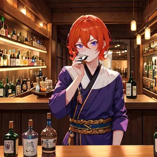 Prompt: Erikku male (short ginger hair, freckles, right eye blue left eye purple)  UHD, 8K, Highly detailed, insane detail, best quality, high quality. at the bar, drinking liquor